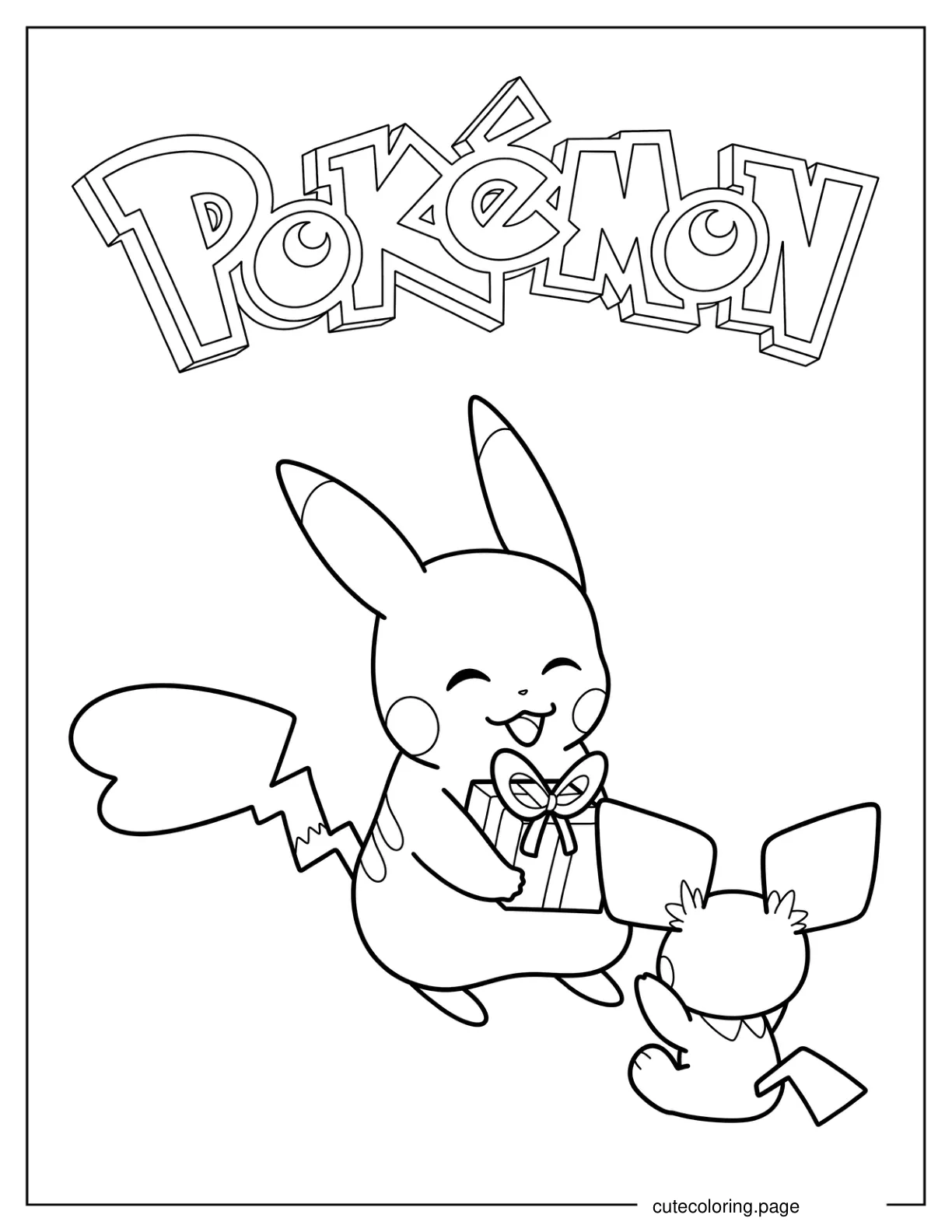 Pikachu Giving Pichu A Present Coloring Page For Kids coloring page