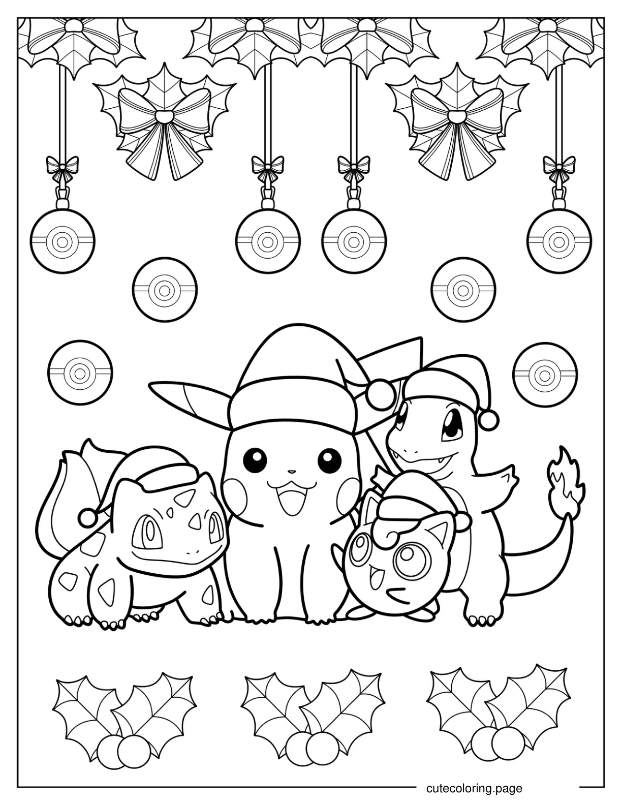 Pikachu Jigglypuff Charmander And Bulbasaur Wearing Santa Hat Coloring Page coloring page