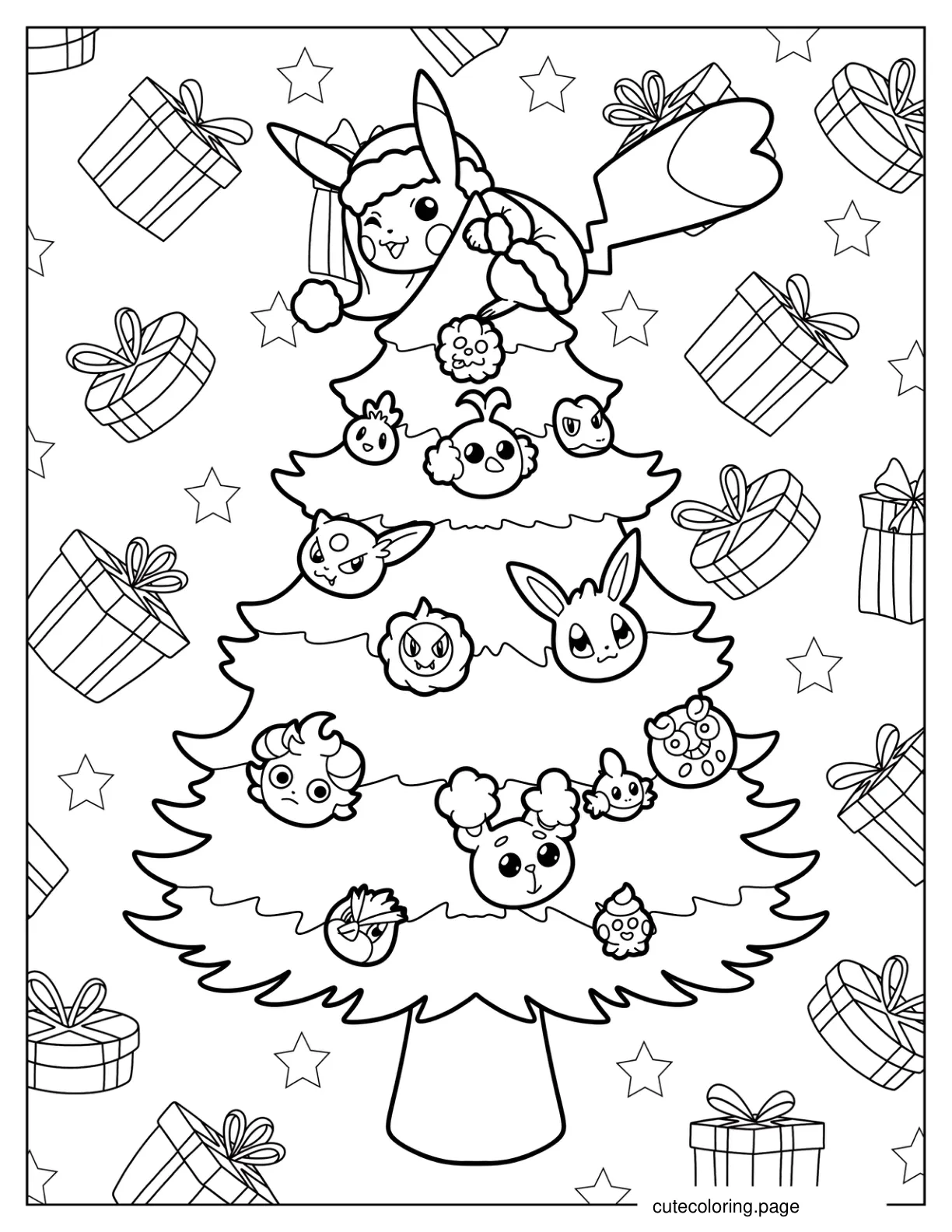 Pikachu On Top Of A Christmas Tree With Pokemon Ornaments coloring page