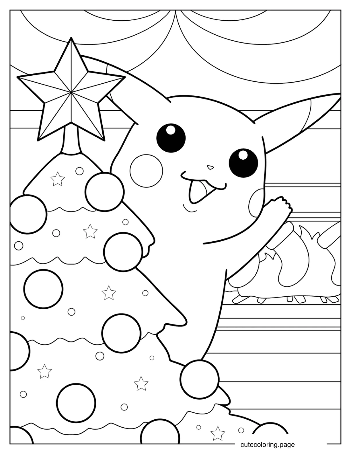 Pikachu Waving From On Top Of A Christmas Tree Coloring Page For Kids coloring page