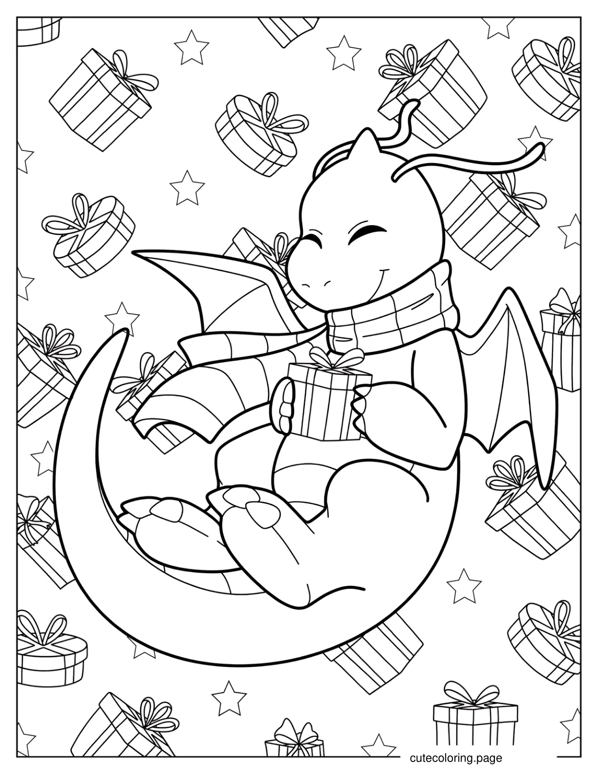 Pokemon Christmas Dragonite Holding A Present coloring page