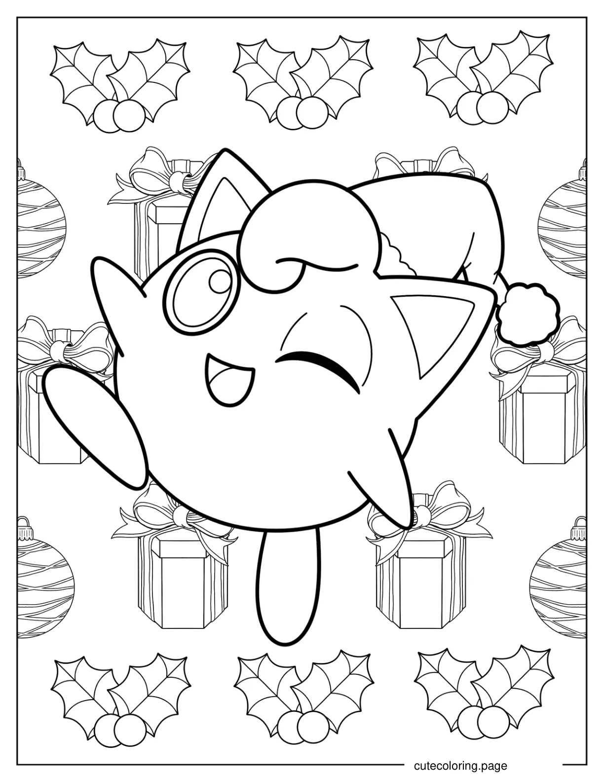 Winking Jigglypuff Wearing Santa Hat Coloring Page For Kids coloring page