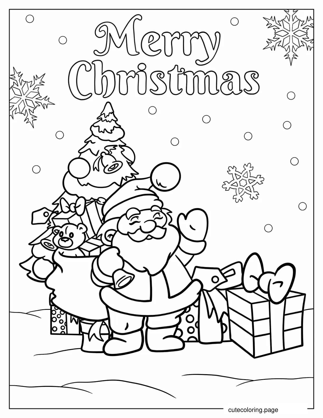 Santa Holding Christmas Presents Next To Tree coloring page