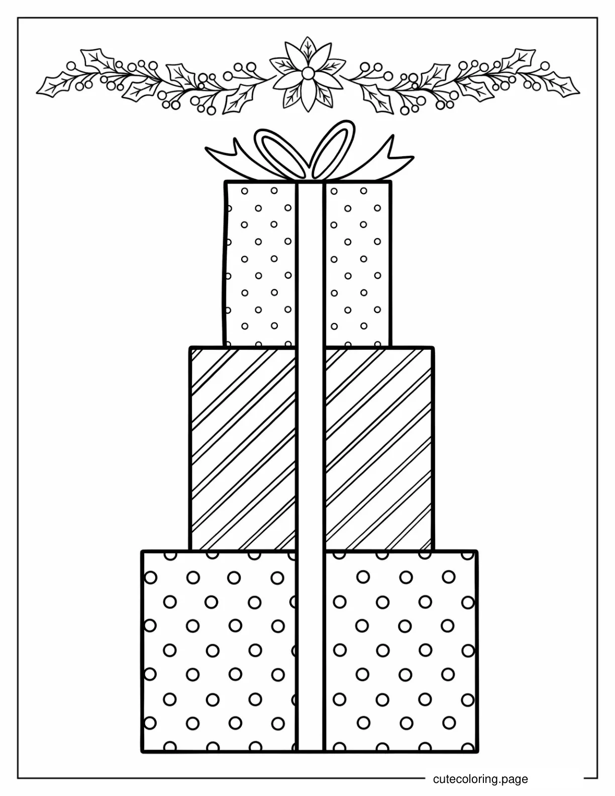 Stack Of Christmas Presents With Mistletoes coloring page