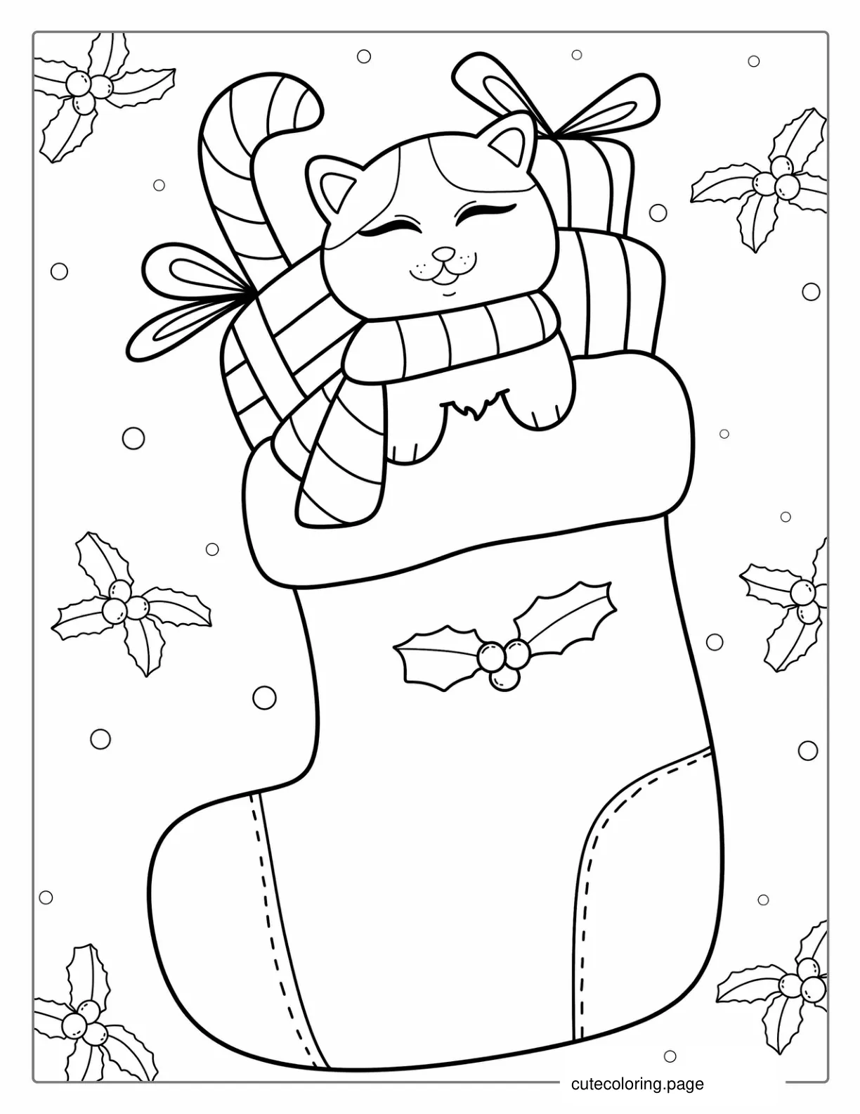 Kawaii Themed Christmas Stocking With Cat To Color coloring page