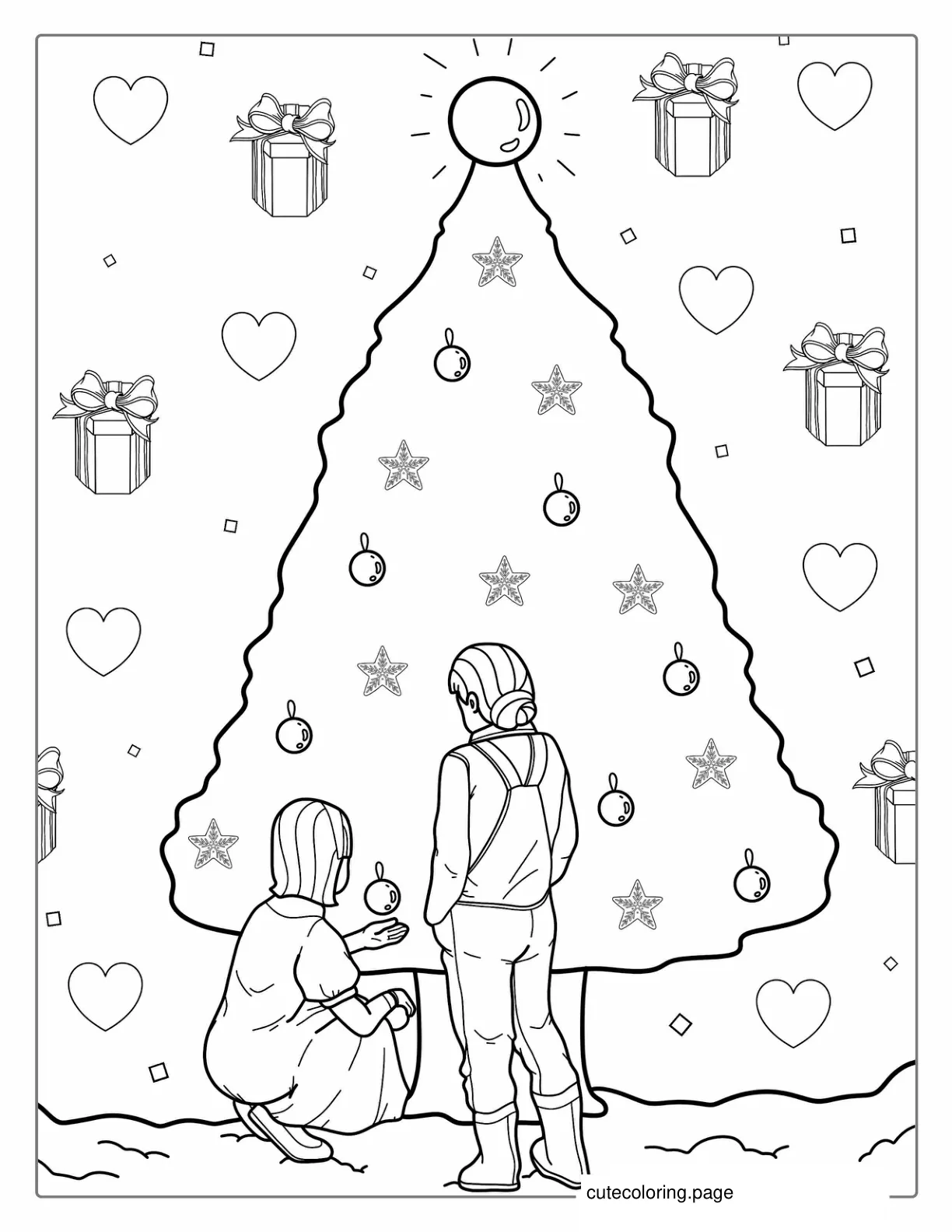 Children Decorating a Christmas Tree To Color coloring page