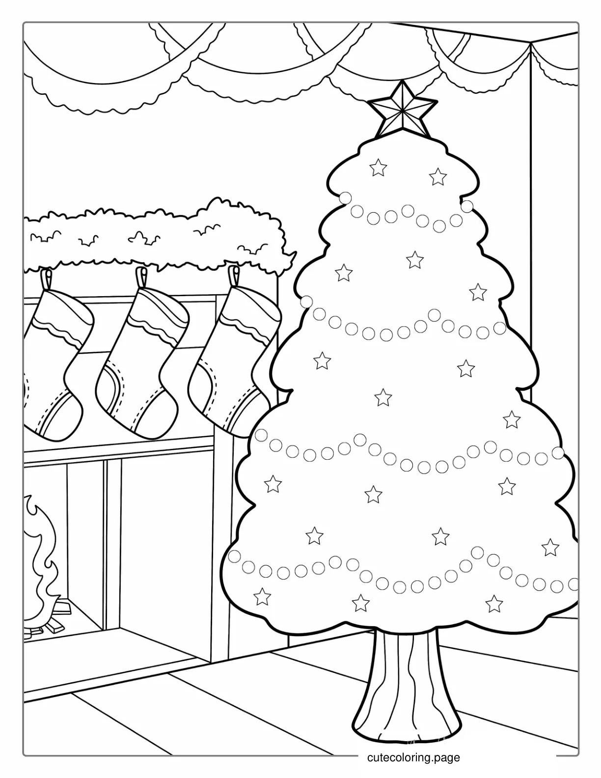 Christmas Tree And Stockings On Mantle coloring page