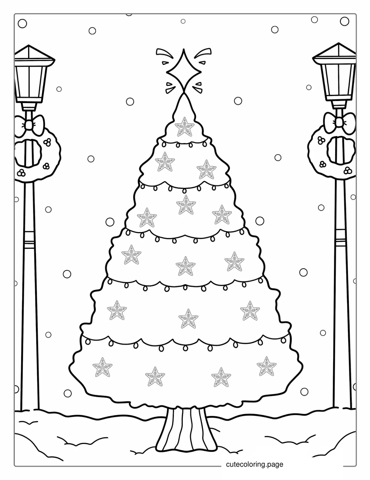 Christmas Tree In The Snow With Lamp Posts coloring page