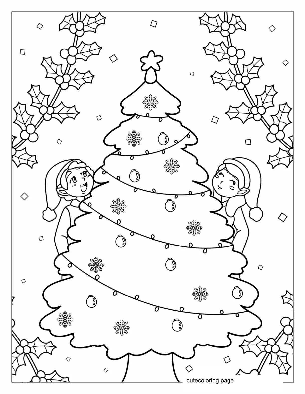 Christmas Tree With Elves Coloring Page coloring page