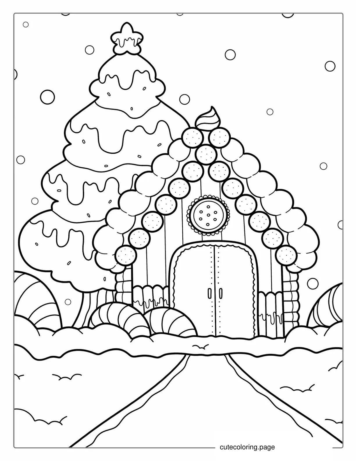 Christmas Tree With Gingerbread House coloring page