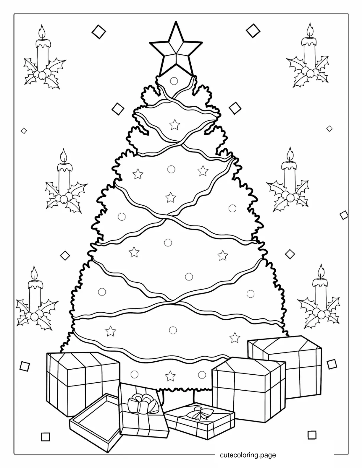 Christmas Tree With Light Tinsel And Presents coloring page