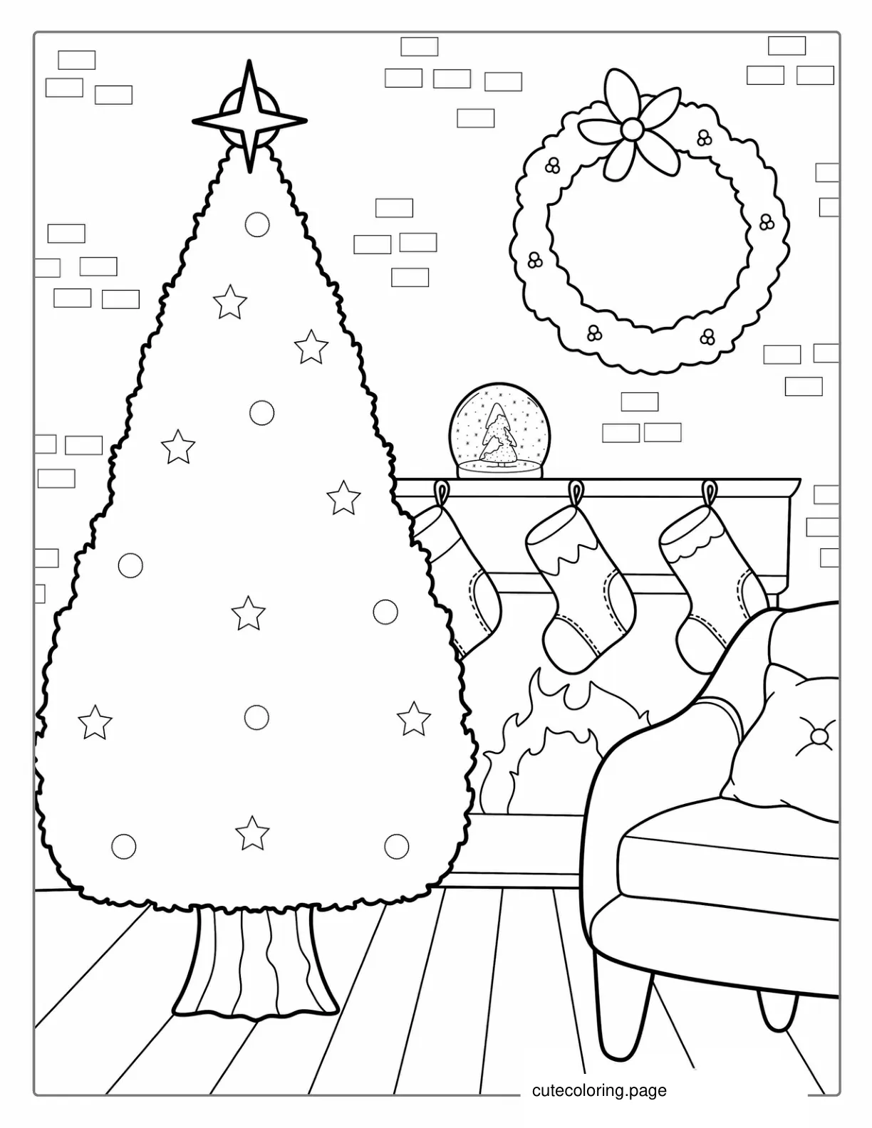 Christmas Tree With Star Next To Fire Place coloring page