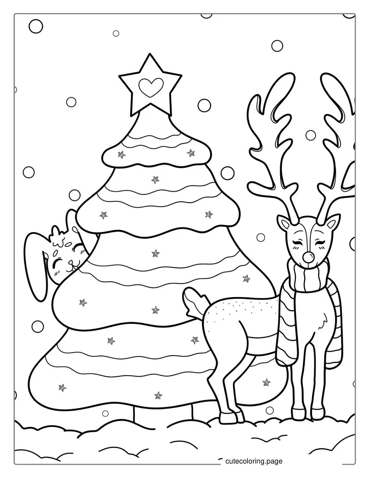 Cute Reindeer And Bunny With Christmas Tree coloring page