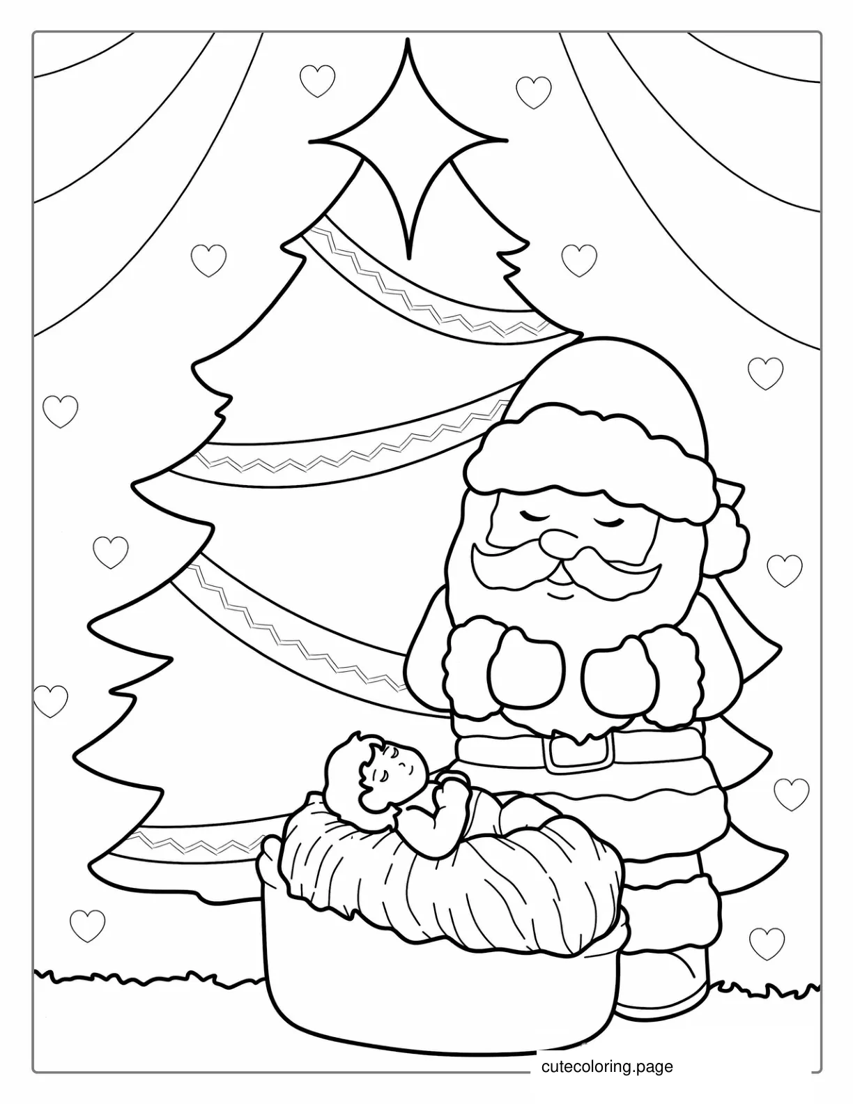 Cute Santa With Baby Jesus And Christmas Tree coloring page