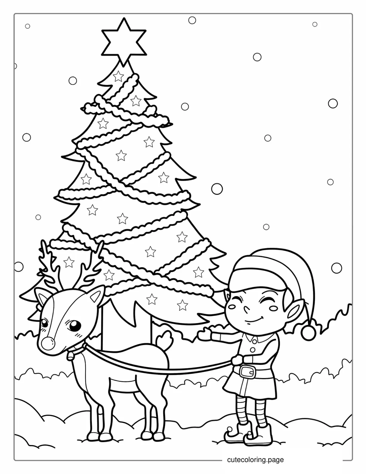 Elf Reindeer And Christmas Tree To Color For Kids coloring page