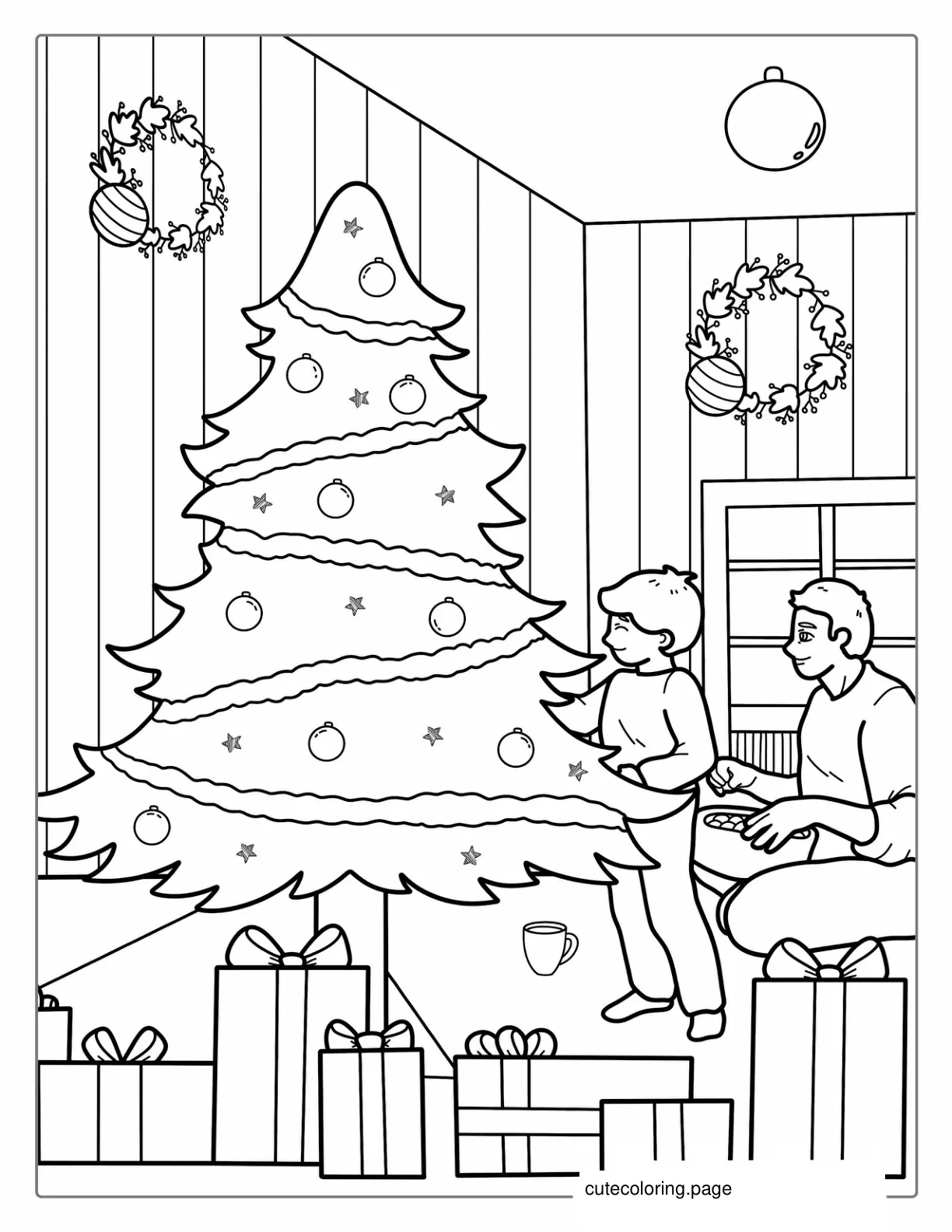 Family Decorating a Christmas Tree coloring page