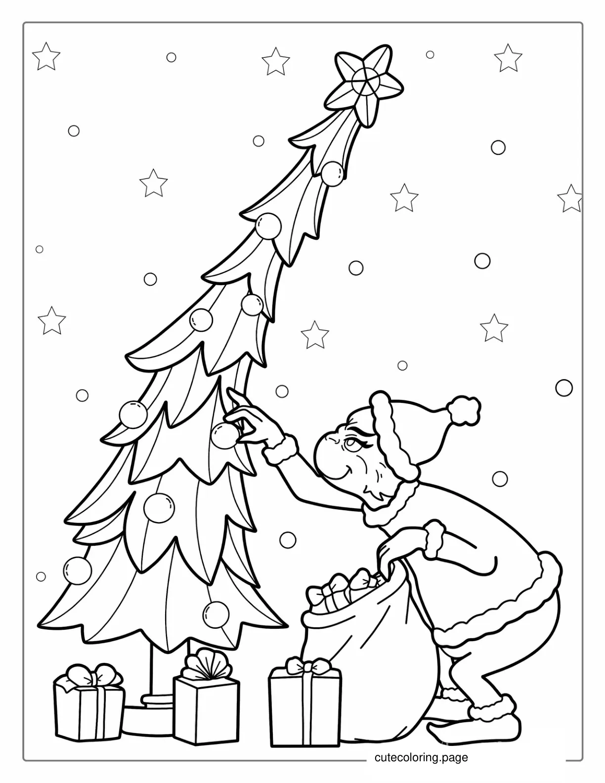 Grinch Stealing Presents And Ornaments From Christmas Tree coloring page