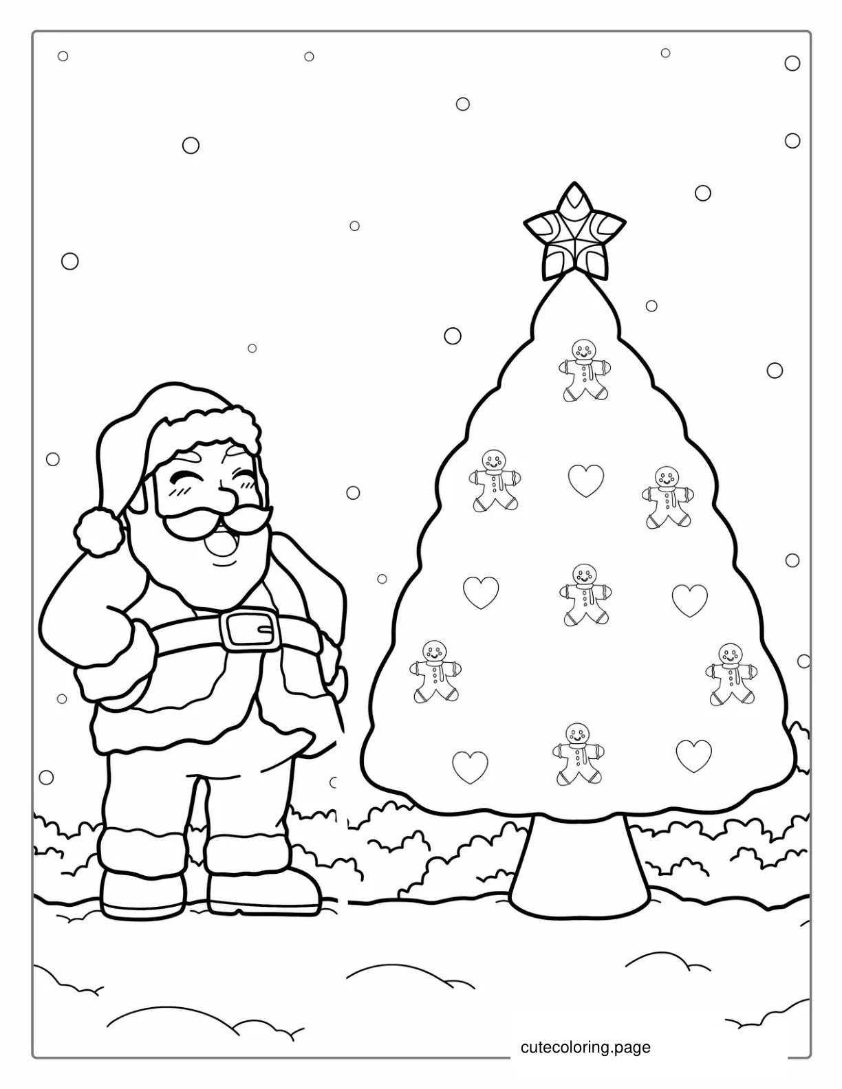 Jolly Santa Next To Christmas Tree coloring page