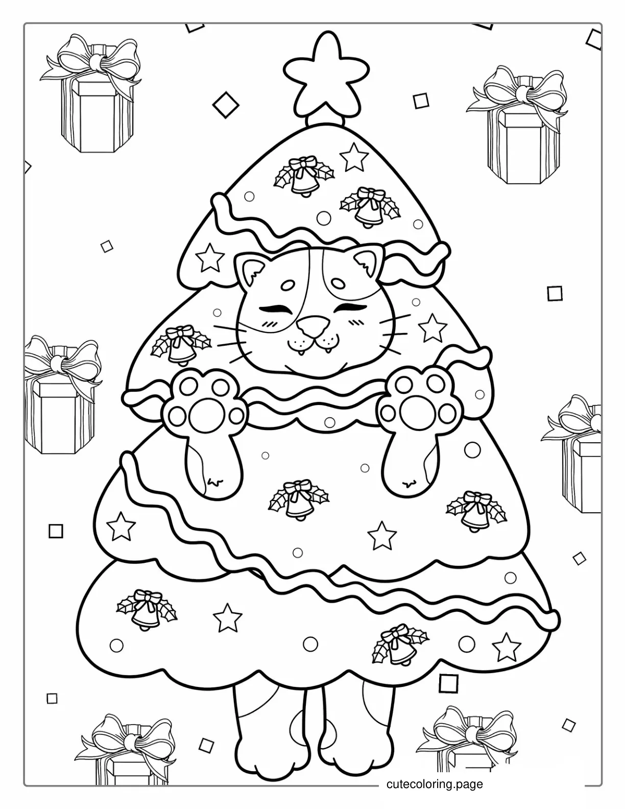 Kawaii Cat Themed Christmas Tree coloring page