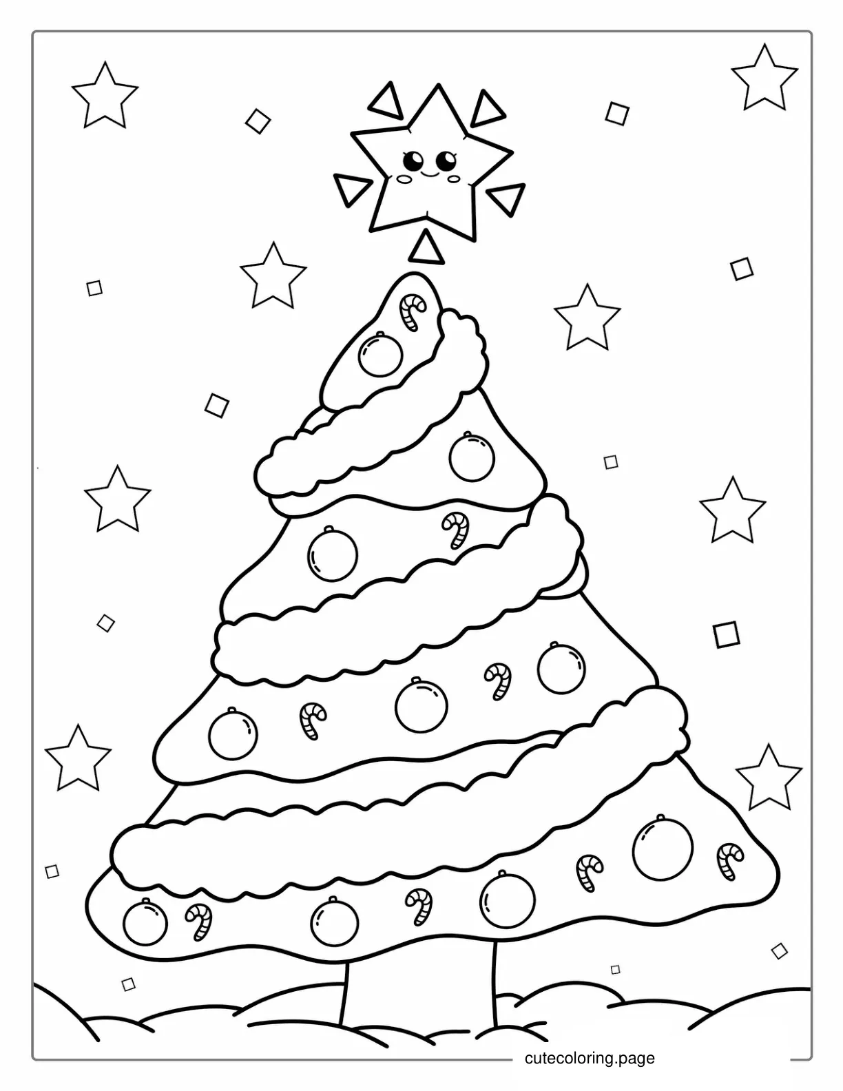 Kawaii Style Christmas Tree With Decorations coloring page