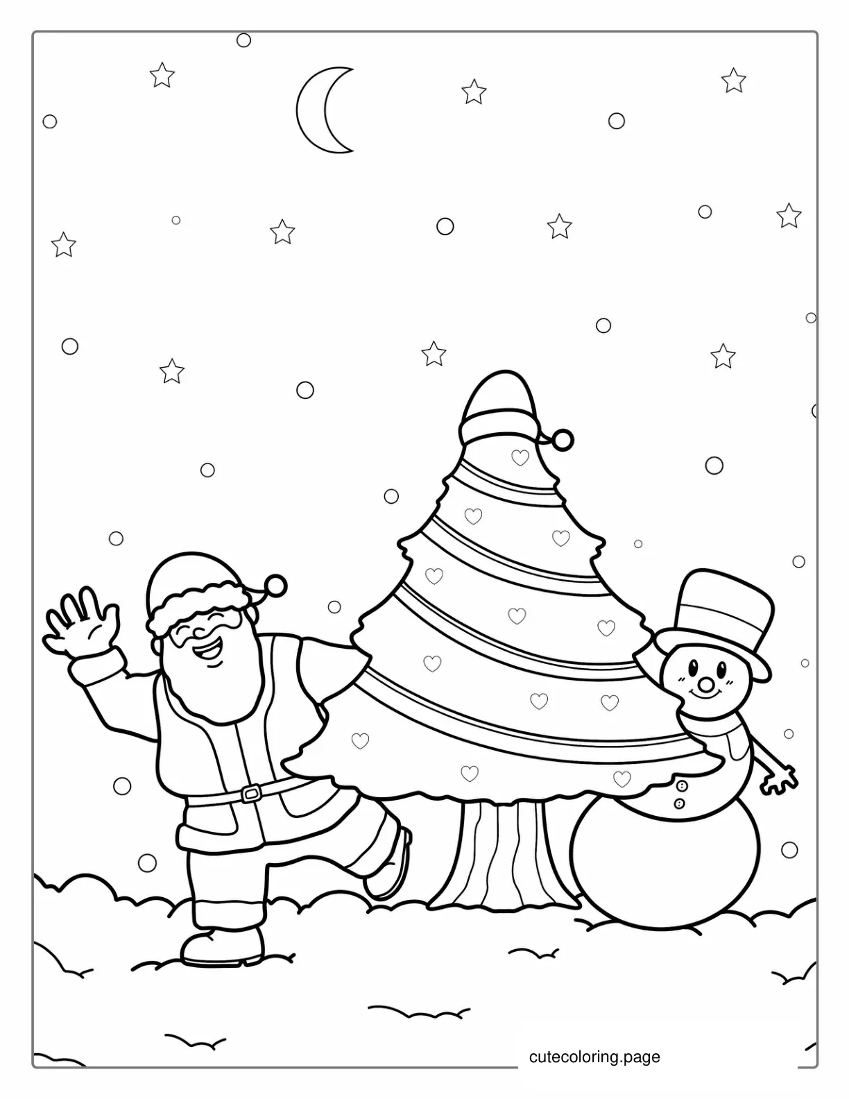 Santa And a Snowman With Christmas Tree coloring page