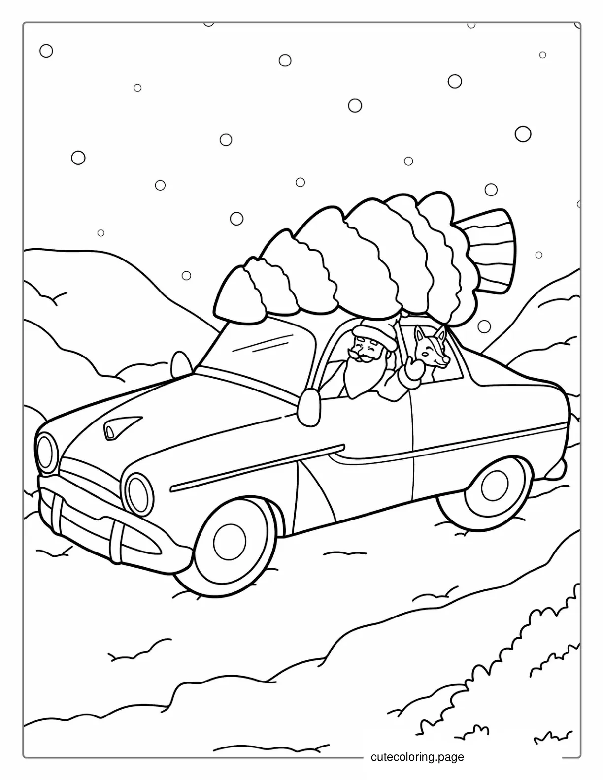 Santa With Christmas Tree On Car coloring page