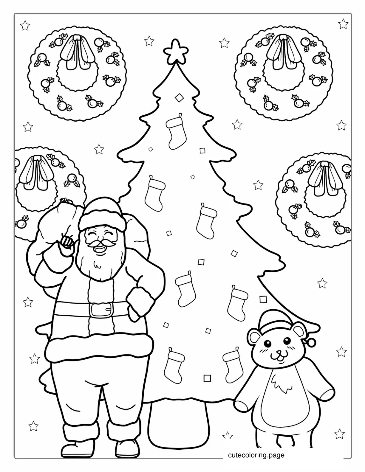 Santa With Sack Of Presents Next To Christmas Tree coloring page