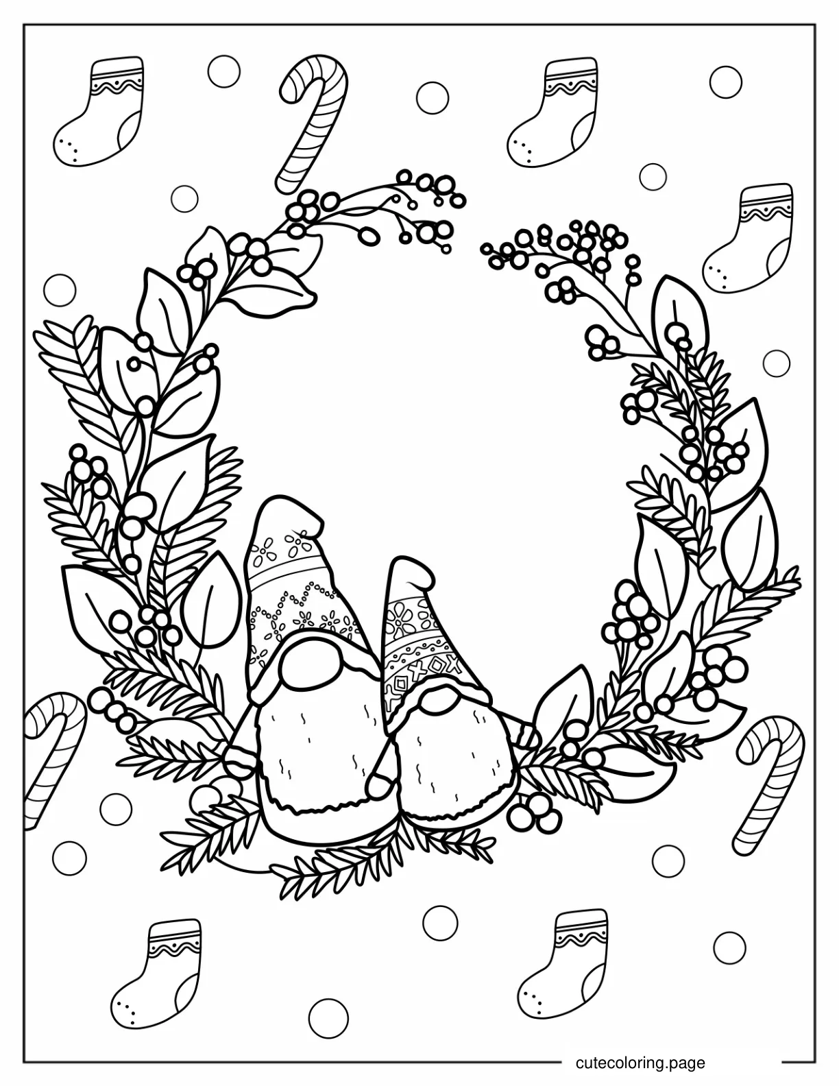 Christmas Wreath With Candy Canes And Stockings To Color coloring page