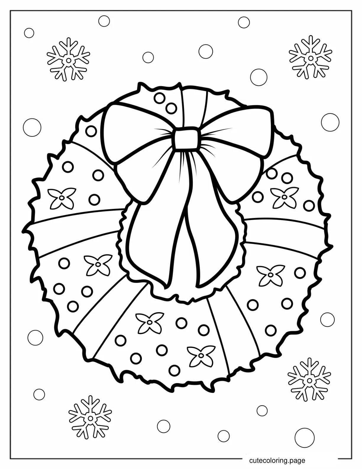 Large Christmas Wreath With Bow And Snowflakes coloring page