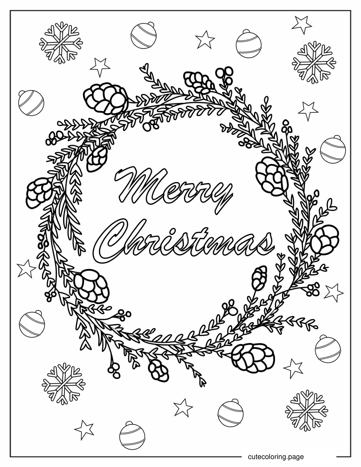 Merry Christmas Wreath With Leaves And Pine Cones coloring page