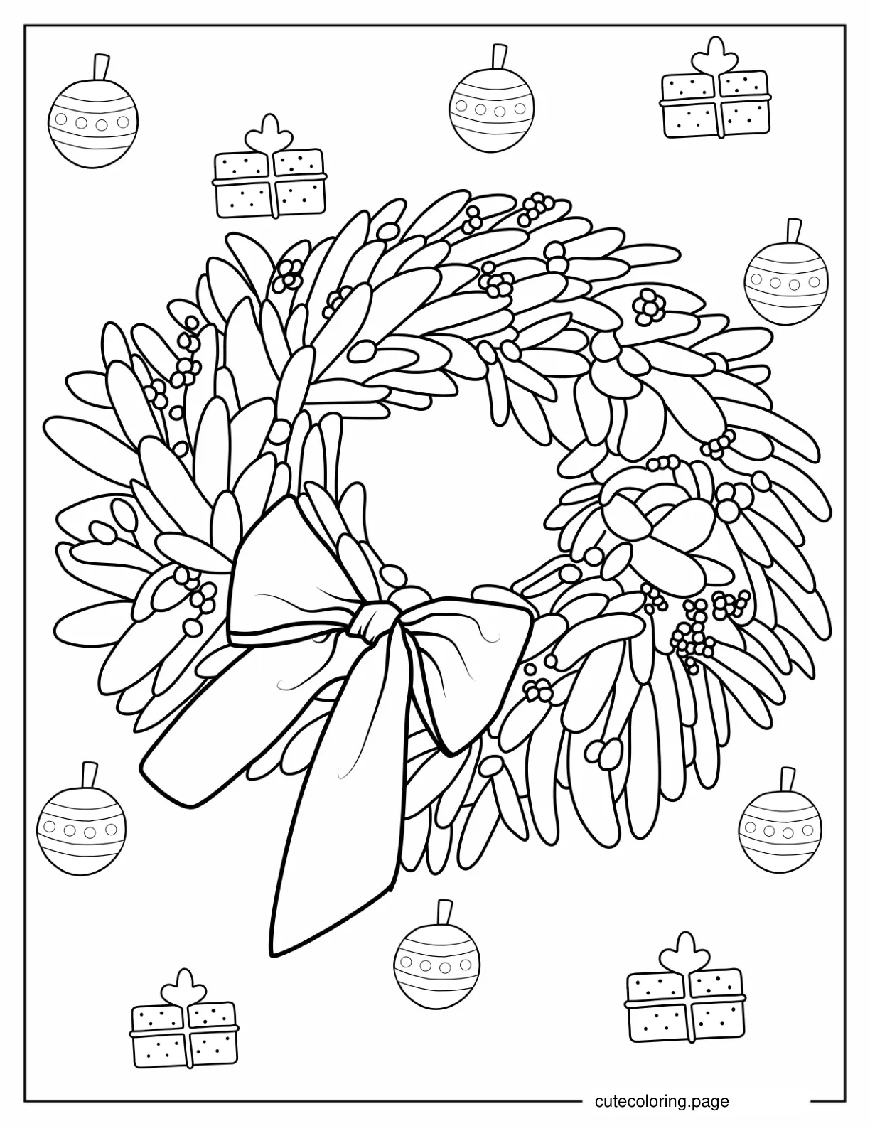 Mistletoe Wreath With Ornaments And Presents To Color coloring page