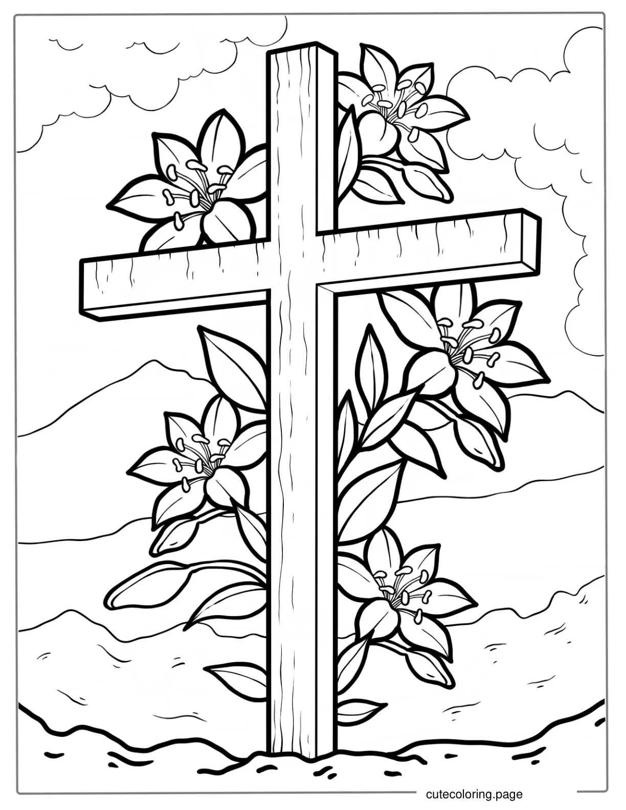 Wooden Easter Cross With Flowers coloring page