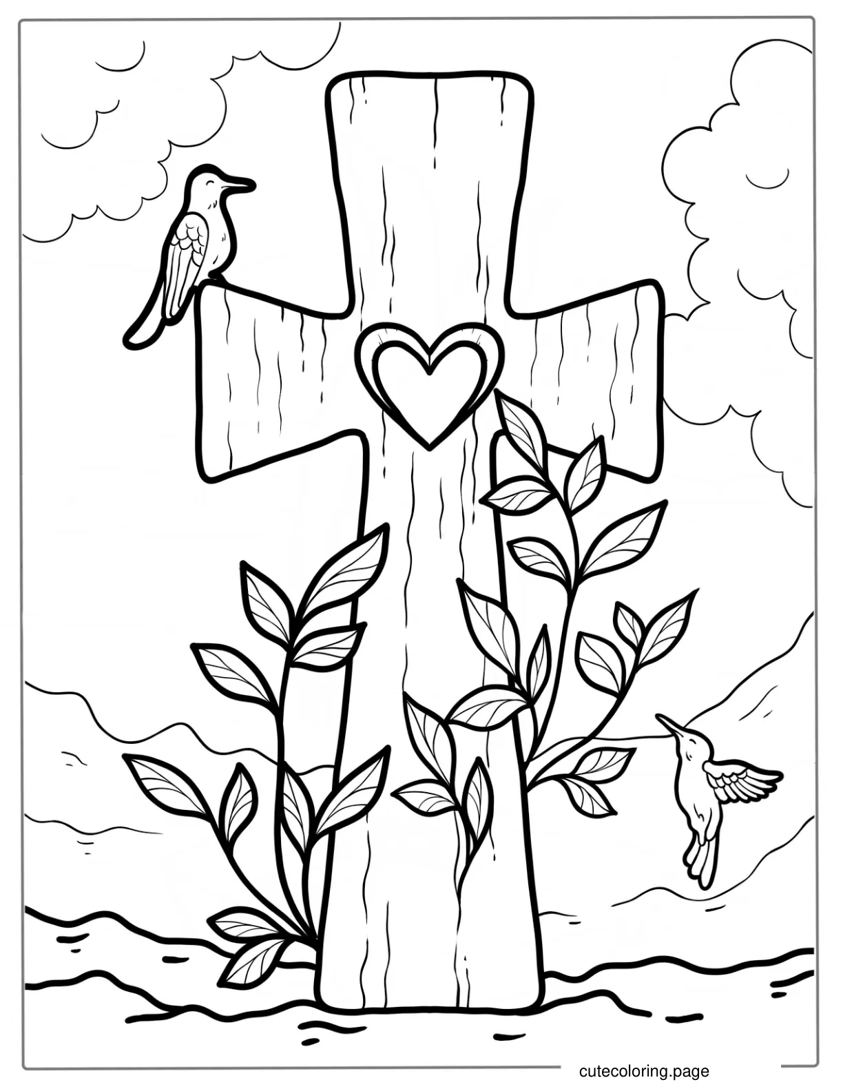 Wooden Easter Cross With Love Heart And Birds coloring page