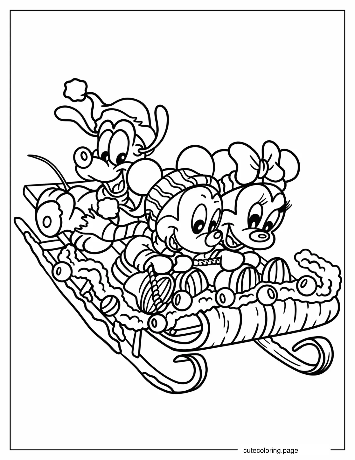 Baby Mickey Mouse Minnie Mouse And Pluto Riding Christmas Sled Coloring Sheet coloring page