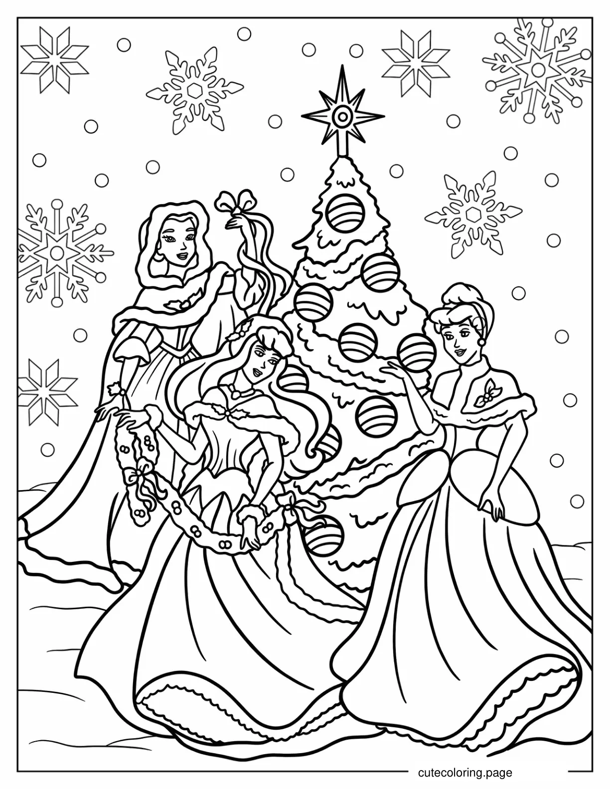 Belle Cinderella And Aurora Decorating Christmas Tree coloring page