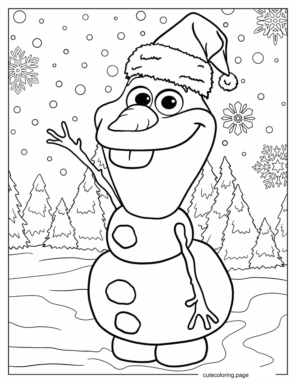 Cute Olaf Waving In Snowy Christmas Landscape Coloring Page coloring page