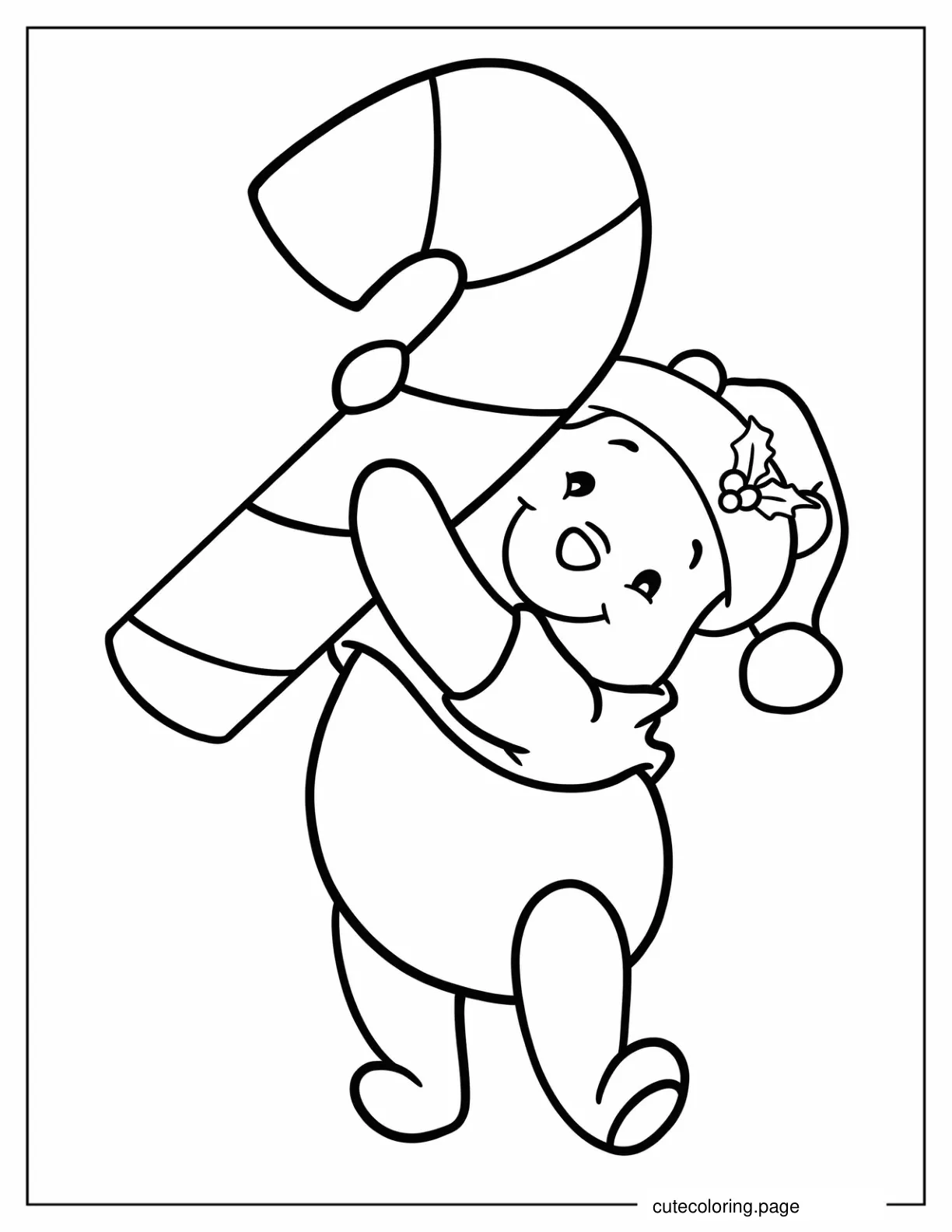 Cute Pooh Carrying Large Candy Cane Coloring Page For Kids coloring page