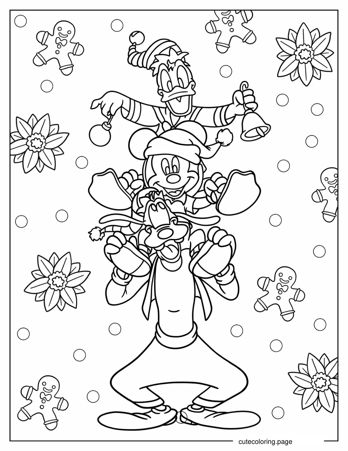 Goofy Mickey Mouse And Donald Duck Having Fun On Christmas Coloring Page coloring page