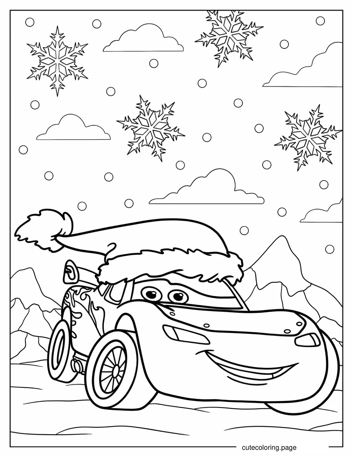 Lightning McQueen With Christmas Hat Speeding Away In Winter Coloring Sheet coloring page