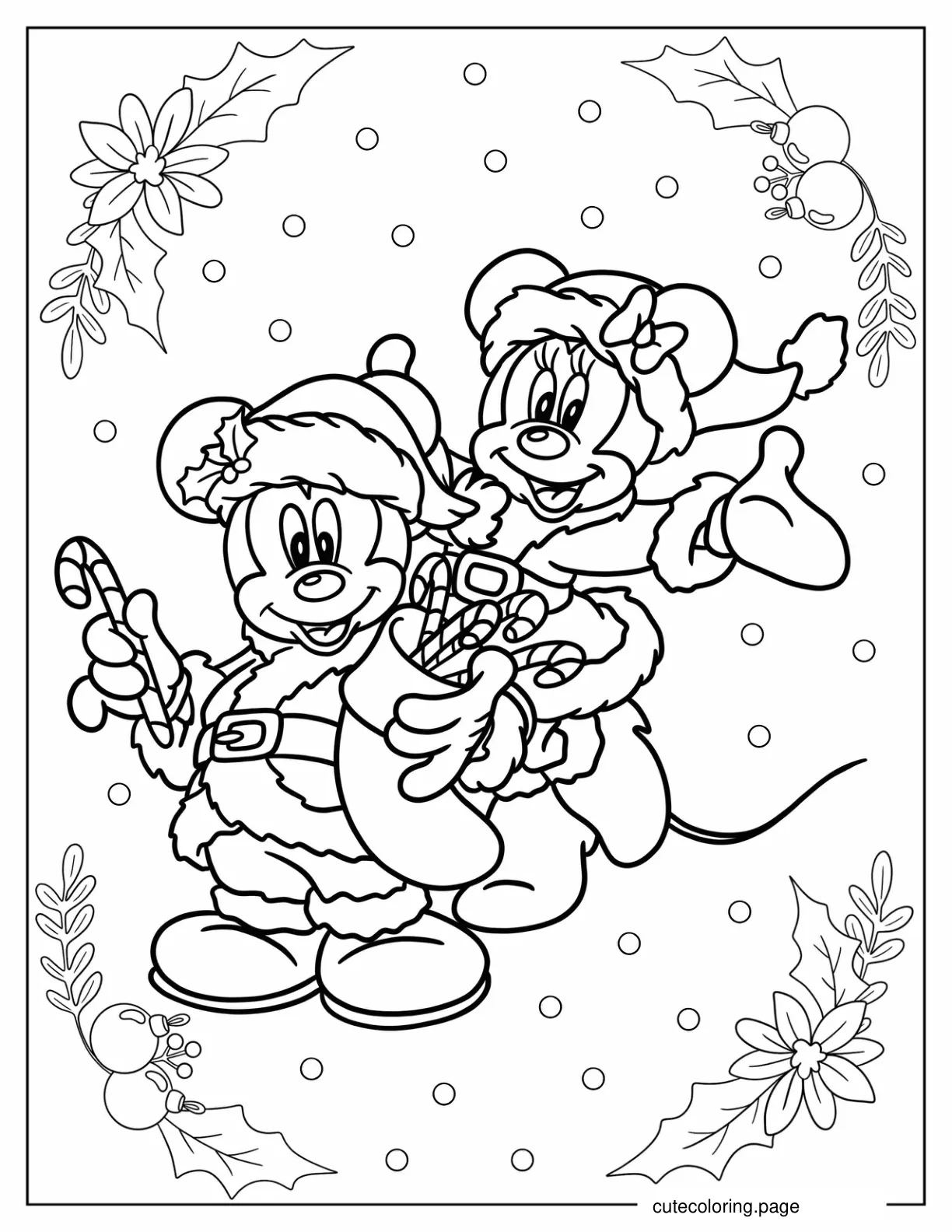 Mickey And Minnie Mouse In Santa Outfit Holding Candy Canes Coloring Page coloring page