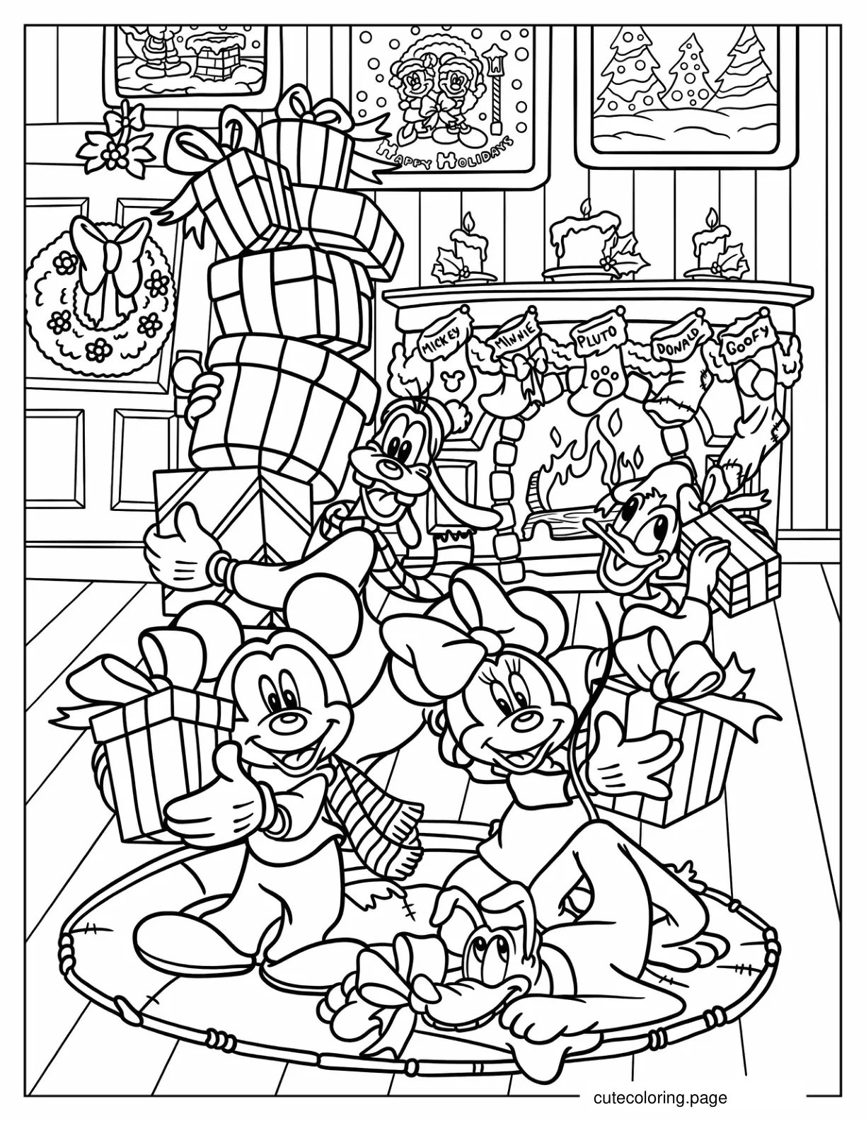 Mickey Mouse Minnie Mouse Daisy Duck Goofy And Pluto Holding Christmas Presents coloring page