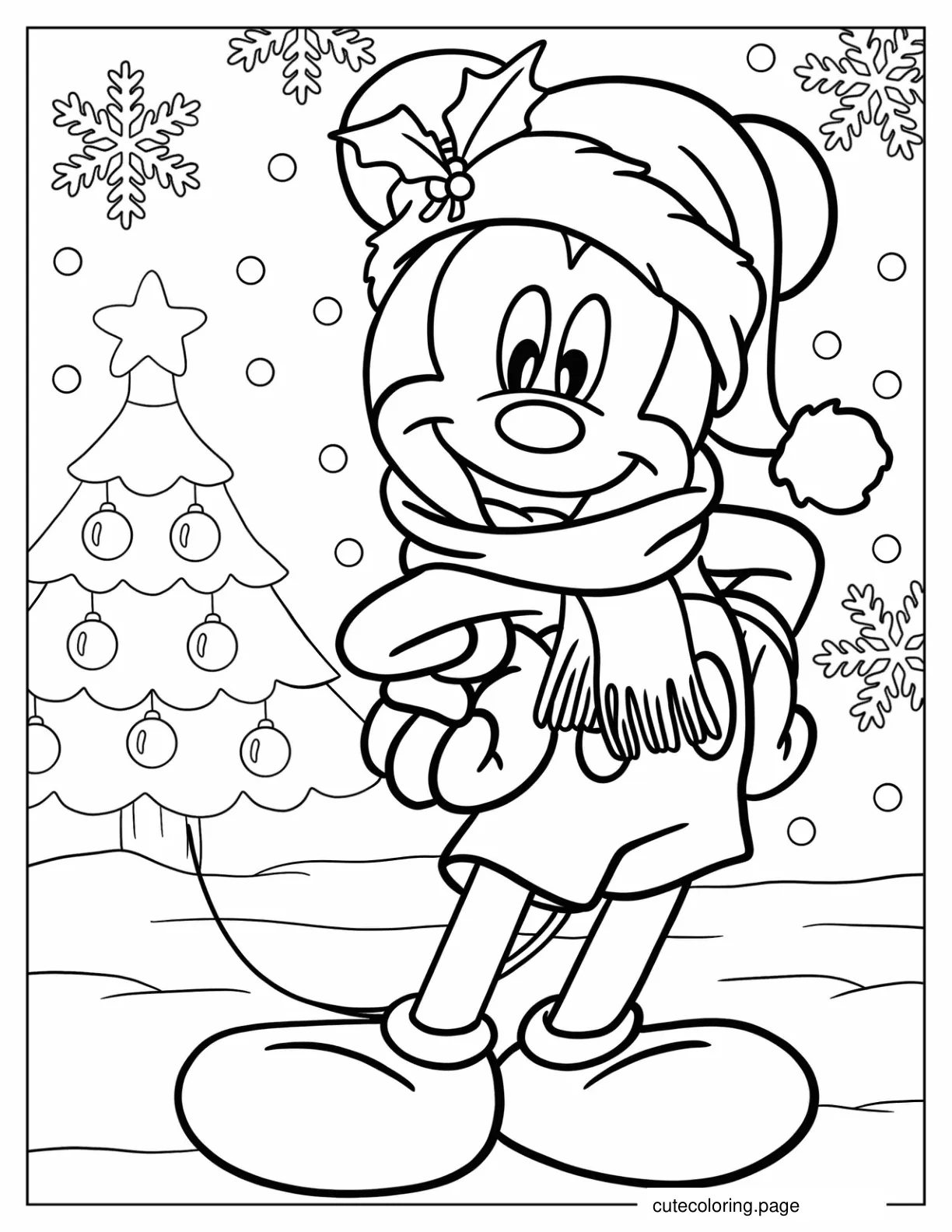 Mickey Mouse Wearing Scarf And Santa Hat On Christmas Coloring Page coloring page