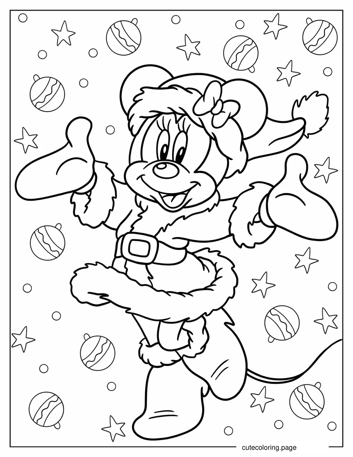 Minnie Mouse In Cute Santa Outfit Coloring Page For Kids coloring page