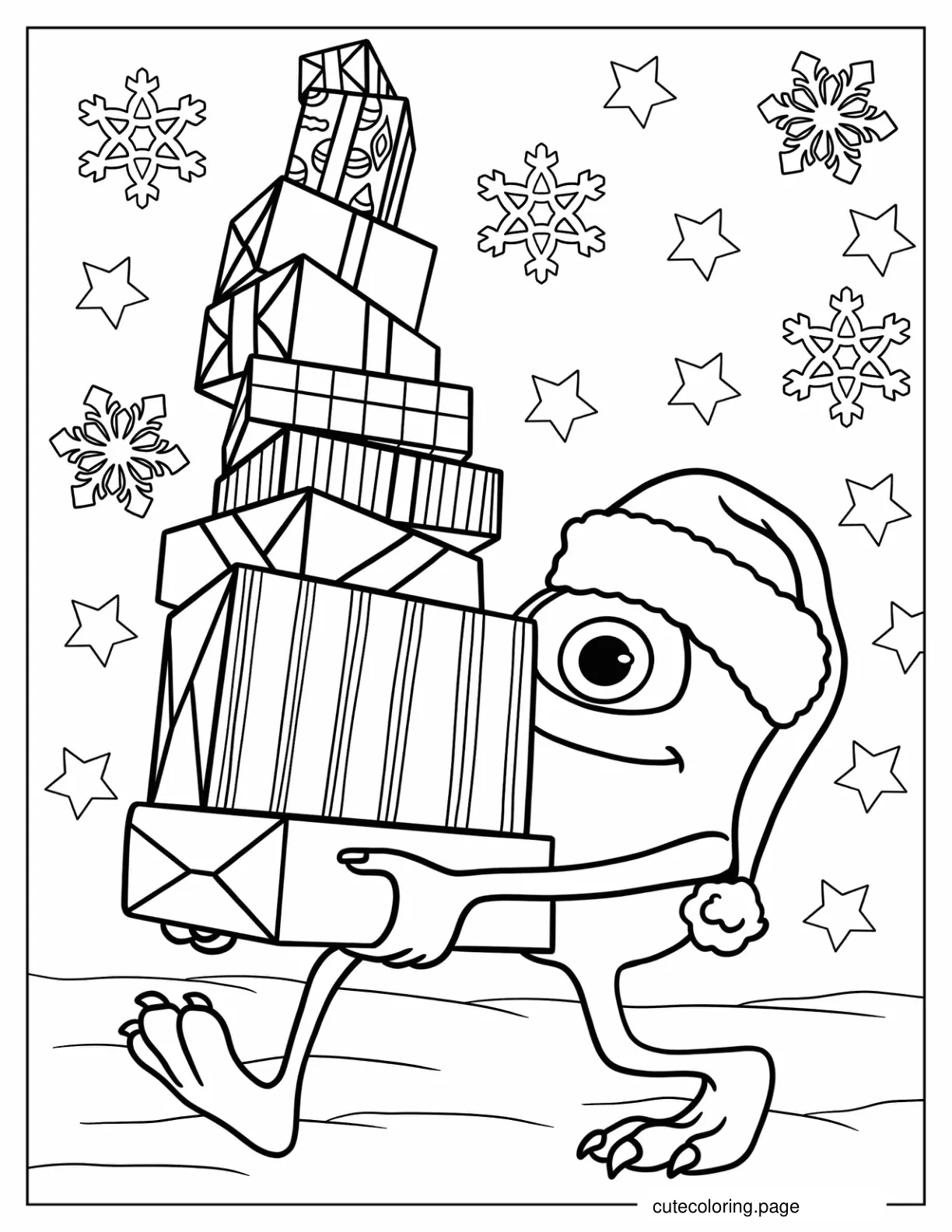 Monsters Inc Mike Wazowski Carrying Christmas Presents coloring page