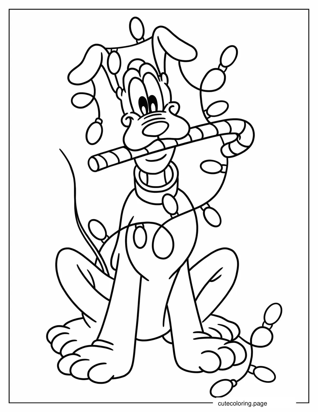 Pluto Tangled In Christmas Lights And Biting Candy Cane coloring page