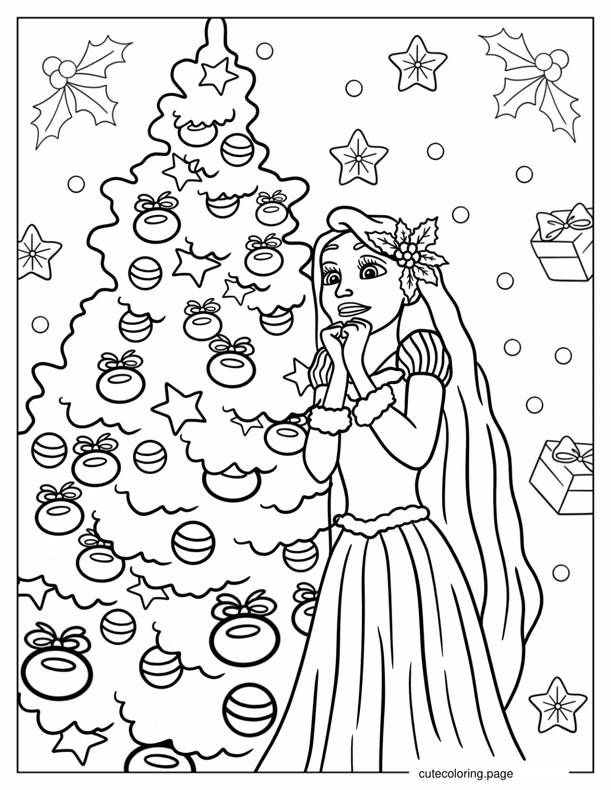 Rapunzel Standing Beside Christmas Tree Coloring Sheet coloring page