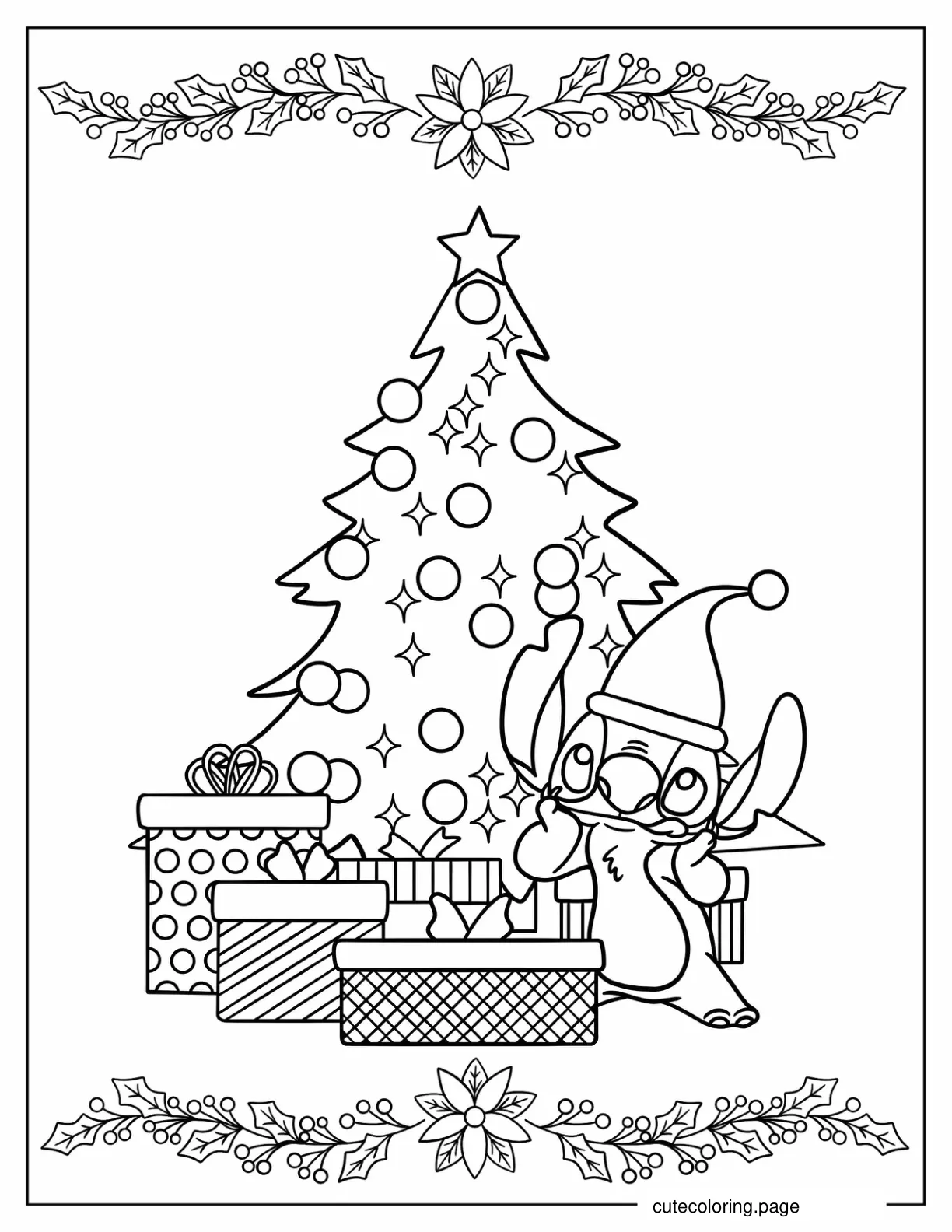 Simple Stitch Standing Under Christmas Tree With Presents coloring page