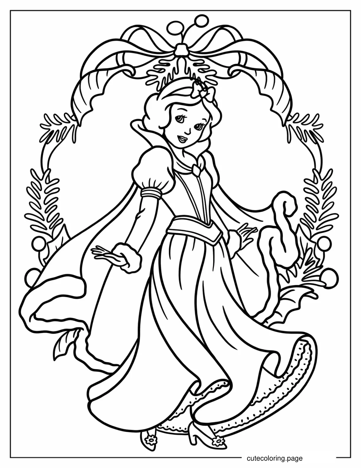 Snow White In Front Of Christmas Wreath Coloring Page For Kids coloring page