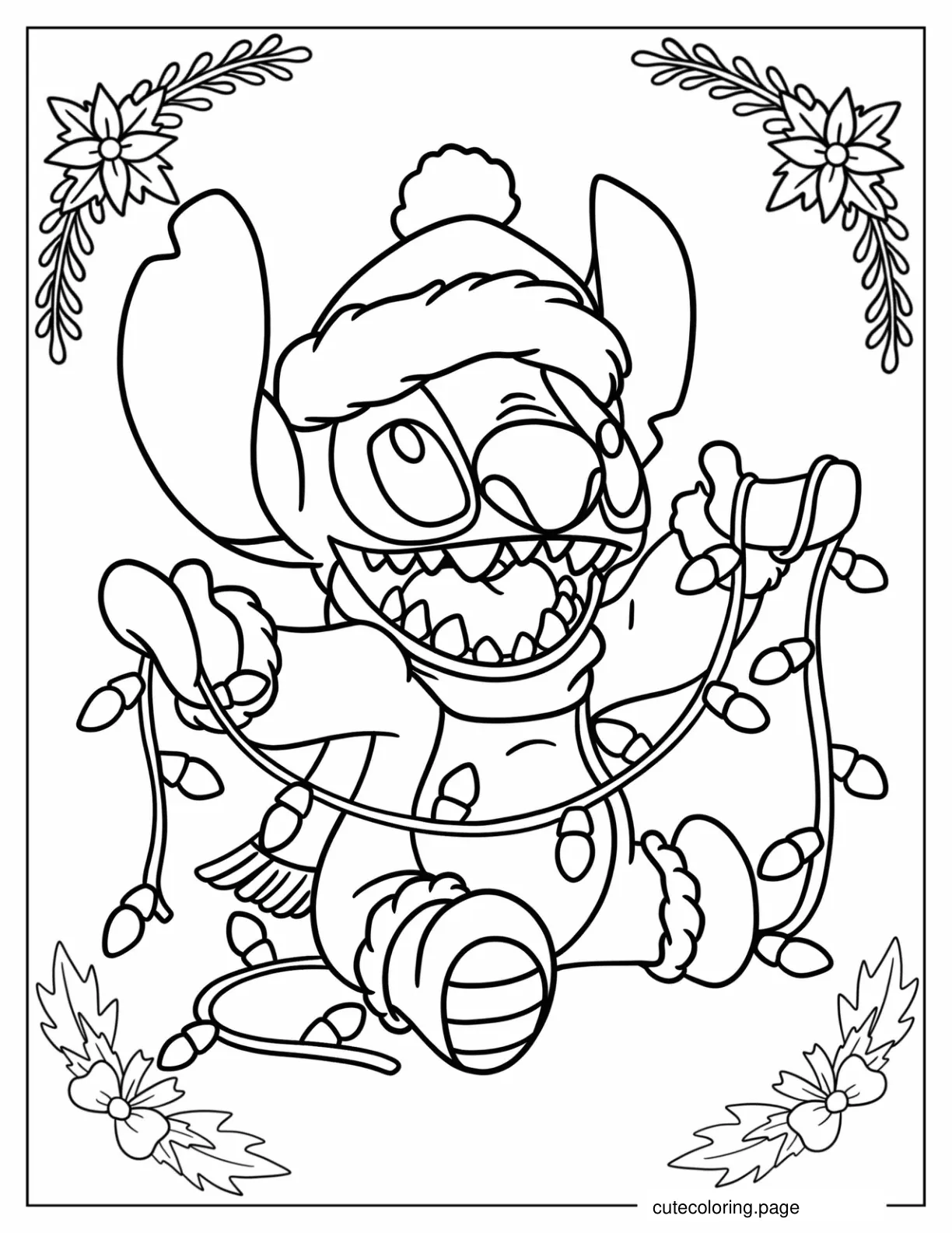 Stitch Holding Christmas Lights Coloring Sheet coloring page