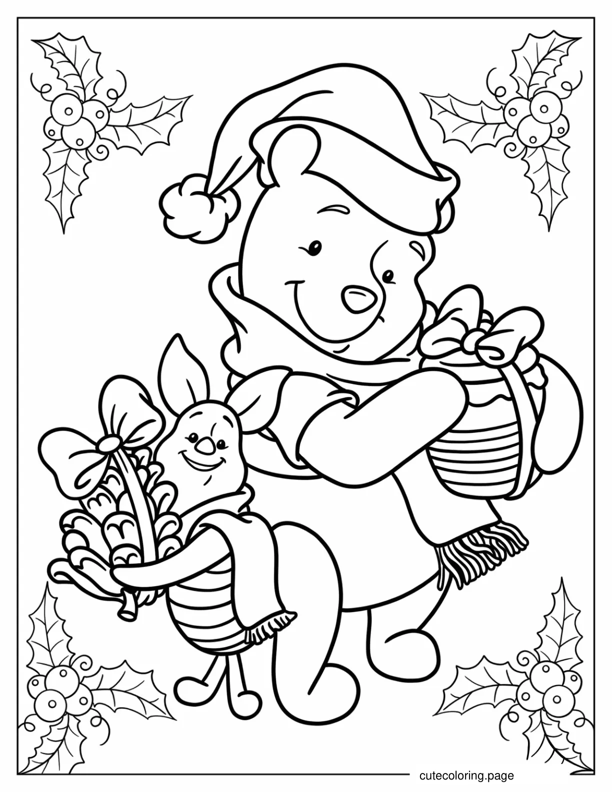 Winnie The Pooh And Piglet Holding Presents With Bow Coloring Page For Kids coloring page